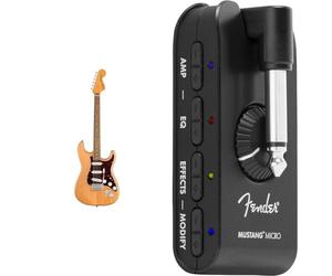 Squier by Fender Classic Vibe '70s Stratocaster, Electric Guitar, Laurel Fingerboard, Natural & Mustang Micro Amplifier - The Ultimate All-In-One Personal Headphone Amplifier