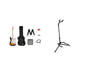 Squier by Fender Sonic Stratocaster Electric Guitar Pack, Maple Fingerboard & Amazon Basics Guitar Stand, Adjustable Folding Rack For Acoustic, Electric, Bass Guitars & Banjos, Black