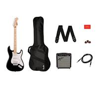 Squier by Fender Sonic Stratocaster Electric Guitar Pack, Maple Fingerboard in Black, Gig Bag, Squier Frontman 10W Amp, Picks, Strap, Cable, Comes with Free Virtual Lessons