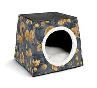 Squirrel and Acorn Cat Bed for Indoor Cats - Foldable Cat & Dog House with Removable Cozy Cushion, Waterproof Oxford Washable Pet House for Small Pets 13.8" X 13.8" X 11.8"