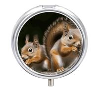 Squirrel Animal Pill Box 3 Compartment Waterproof Pill Container with Mirror Metal Medicine Box Organizer Portable Vitamin Case for Pocket & Purse Travel - Round