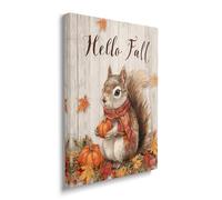 Squirrel Canvas Wall Art Hello Fall Pictures Animal Squirrel Painting Autumn Pumpkin Maple Leaves Prints Modern Artwork for Bathroom Living Room Bedroom Office Framed Wall Decor 12"x16"