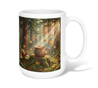 Squirrel Ceramic Coffee Mug, Fall Nature Leaves Stump Fall Brown Novelty Office Drinking Cup with Handle Ideal for Friends Family Lovers Eldership Senior Co-Worker 15 Oz