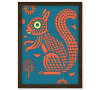 Squirrel Colour Block Modern Folk Art Linocut Artwork Framed Wall Art Print A4 Artery8 Brown One Size