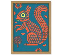Squirrel Colour Block Modern Folk Art Linocut Artwork Framed Wall Art Print A4 Artery8 Light Oak One Size