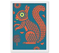 Squirrel Colour Block Modern Folk Art Linocut Artwork Framed Wall Art Print A4 Artery8 White One Size