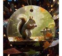 Squirrel Eats Nuts Ceramic Christmas Ornaments - 1 Pcs Rustic Round Xma Tree Decor with Hanging String, Personalized Vintage Double-Sided Holiday Party Decorations for Xmas Gifts