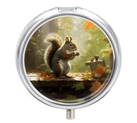 Squirrel Eats Nuts Pill Box 3 Compartment Waterproof Pill Container with Mirror Metal Medicine Box Organizer Portable Vitamin Case for Pocket & Purse Travel - Round
