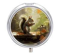 Squirrel Eats Nuts-png Travel Pill Box Case 3 Compartment Cute Pill Organizer Metal Pill Holder with Mirror Small Medicine Organizer Daily Pill Container for Purse Pocket Portable Meds Box