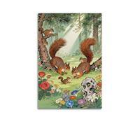 Squirrel Family in Forest Wall Art, Vibrant Nature Wildlife Decor Painting for Living Room And Nursery Artistic Wall Mural Modern Hanging Decor Poster12x18inch(30x45cm)