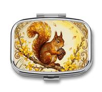 Squirrel Forsythia Branch Pill Box 2 Compartments Portable Travel Pill Case Mini Medicine Organizer for Pocket Purse Metal Waterproof Medicine Container Holder Vitamin Fish Oil