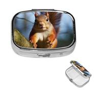 Squirrel Funny Animal Pill Box 2 Compartment Round Metal Pill Case for Purse & Pocket, Portable Medicine Organizer Travel Pillbox Daily Pill Container Holder to Hold Vitamins, Fish Oil