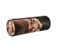 Squirrel Funny Animal Printed Leather Pencil Case Cute Stationery Organizer Round Makeup Bag Pen Pouch, Silver Zipper