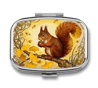 Squirrel Ginkgo Branch pilldispenser with Mirror 2 Compartments Waterproof PillCase for Purse Pocket Non-Slip Grip Travel Medicine Organizer Container Box for Vitamin Fish Oil Supplement