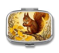 Squirrel Ginkgo Branch pilldispenser with Mirror 2 Compartments Waterproof PillCase for Purse Pocket Non-Slip Grip Travel Medicine Organizer Container Box for Vitamin Fish Oil Supplement