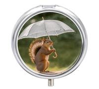 Squirrel Hold A Umbrellas Pill Box Cute Round Pill Case Portable Medicine Tablet Vitamin Holder Organizer for Purse Pocket