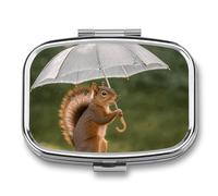 Squirrel Hold A Umbrellas Pill Case with 2 Compartment, Pill Organizer Portable Square Pill Box,Vitamin Pill Organizer for Pocket Purse and Travel