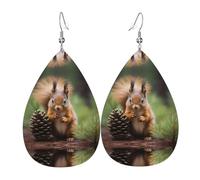Squirrel holding a pinecone Printed teardrop-shaped leather earrings | High-end design, light luxury earrings