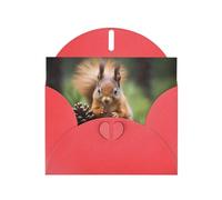 Squirrel holding a pinecone Red Patterns greeting card 6x4 inches with envelope, covering birthdays, weddings and other occasions