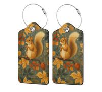 Squirrel in Autumn Maple Tree Stainless Steel Ring Leather Luggage Tags for Suitcases 2 Pcs
