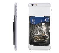 Squirrel in Basket Phone Wallet, Stick On Card Holder for Back of Phone Case - Leather Cell Phone Card Wallet Sleeve Adhesive Phone Pocket - Compatible with Most Cell Phones