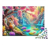 Squirrel in Fantasy 1000 Piece Puzzle for Men Women Adults Squirrel Cherry Blossoms Lotus Pond Waterfall Premium Thick Sturdy Vibrant Challenging Hard Stress Relief 38x26cm/1000pcs