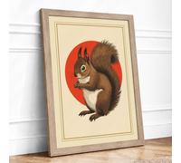 Squirrel in Red Circle Vintage Framed Wall Art Print A2 (59.4×42cm) Oak, Wall Decor for Living Room, Bedroom, Office & Home, Ready to Hang, Art Gift
