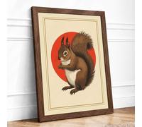 Squirrel in Red Circle Vintage Framed Wall Art Print A4 (29.7×21cm) Walnut, Wall Decor for Living Room, Bedroom, Office & Home, Ready to Hang, Art Gift