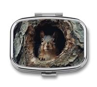 Squirrel in The Tree Hole Pill Box 2 Compartment Portable Pill Case Daily Square Pill Organizer for Pocket Purse Daily Medicine Container to Hold Vitamins Fish Oil Travel Gifts