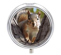 Squirrel in The Tree Pill Box Cute Round Small Pill Organizer Portable with 3 Compartments Travel Metal Pill Case for Pocket Or Purse Privacy Protecting Medicine Box