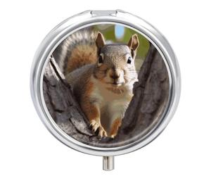 Squirrel in The Tree Pill Box Cute Round Small Pill Organizer Portable with 3 Compartments Travel Metal Pill Case for Pocket Or Purse Privacy Protecting Medicine Box
