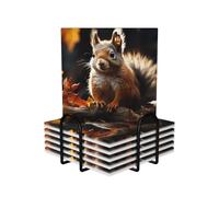 Squirrel in The Woods Coasters Set of 6 Ceramic Coaster with Holder Absorbent Coasters for Drinks Heat Resistant Coffee Table Coasters Cup Pad for Kitchen Office Home Decoration