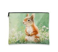 Squirrel Makeup Bag, Cute Animal Watercolor Cosmetic Travel Pouch for Women, Portable Small Canvas Zipper Organizer, Nature Gift Toiletry Bag, Spring Floral, green, 7x9 Inch