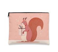 Squirrel Makeup Bag, Cute Forest Animal Cosmetic Travel Pouch for Women, Portable Small Canvas Zipper Organizer, Winter Holiday Toiletry Bag, Peach, 7x9 Inch, Squirrel