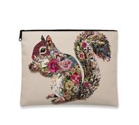 Squirrel Makeup Pouch, Floral Collage Small Cosmetic Travel Bag for Women, Portable Canvas Zipper Organizer, Nature Gift Toiletry Carrier, Seasonal Festival Accessory, Beige, 7x9 Inch, Squirrel
