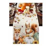 Squirrel Maple Leaf Linen Table Runner Fall Dresser Scarf Kitchen Dining Table Decor Washable Thanksgiving Decoration(01,150x33cm 59x13inch)