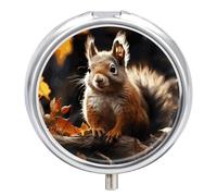 Squirrel Pill Box Woodland 3 Compartments Portable Medicine Pill Case Round Pill Holder Vitamin Holder Metal Decorative Organizer for