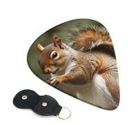 Squirrel Printed Guitar Picks, 6 Pack with Leather Keychain Pick Holder - 0.46mm, 0.71mm, 0.96mm Assorted Thickness for Acoustic Ukulele, Electric Guitar, Acoustic Guitar, Bass