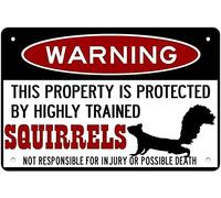 Squirrel Protected By Squirrels Warning Beware Of Squirrel Sign Funny Metal Tin Sign Aluminum Sign Poster Warning Signs For Pets Outside The Home, White Black Retro Metal Tin Sign 8X12 Inches