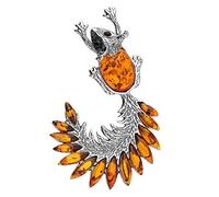 Squirrel Silver Brooch Pin/Clip in Orange Amber for Women - 925 Sterling Silver
