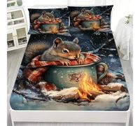 Squirrel Single Fitted Sheet Snowflake Bed Sheets Deep Pocket 12 inch (30 cm) Soft Cozy 3 Piece Microfibre Bed Sheet 90x190 cm with 2 Pillowcases 50x75 cm