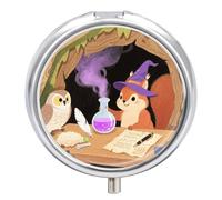 Squirrel Wearing A Wizard Hat Pill Box Travel Pill Organizer 3-Compartment with Mirror Design Portable Round Medicine Case for Vitamins, Jewelry & Essentials Durable Pocket Pillcase for Purse, Camping