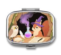 Squirrel Wearing A Wizard Hat Pill Case 2-Compartment Pill Organizer with Mirror- Portable Medicine Container for Purse & Travel, Small Medicine Box for Vitamins, Fish Oil, Supplements