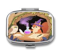 Squirrel Wearing A Wizard Hat Small Pill Box for Purse Travel Essentials Metal Pill Case 2 Compartments Compact Medicine Container Portable Daily Pill Organizer for Vitamins Fish Oils