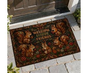 Squirrel Welcome Door Mat, Autumn Rustic Flower Leaf Fall Brown Skid Resistant Doormats for Floor for House Office Outside Inside Entrance Decor 29x17 Inch
