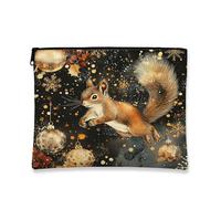 Squirrel Winter Makeup Bag, Cute Forest Animals and Gold Ornaments Cosmetic Travel Pouch for Women, Portable Zipper Toiletry Organizer 7x9 Inch