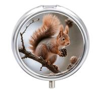 Squirrel with Pine Cone Pill Box 3 Compartment Round Metal Pill Organizer Portable Mini Travel Medicine Case with Mirror Cute Medicine Container Holder for Pocket Purse