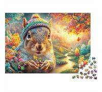 Squirrel with Pom-pom Hat And Acorns 1000-Piece Jigsaw Puzzle Adorable Squirrel Classic Jigsaw Puzzles for All Ages 38x26cm/1000pcs