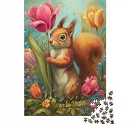 Squirrel with Tulips Garden 1000-Piece Jigsaw Puzzle for Adults, 70x50cm/1000pcs, Relaxing Screen-Free Hobby, Weekend Downtime And Quiet Weekends