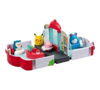 Squish-a-longs Pokémon Centre Playset by Jazwares, Collect Trade and Play, (4) Mini-Squish (Chansey, Marill, Pikachu, Snorlax) and (3) Mini-Squish accessories (Beanbag Chair, Bed, Healing Bag).